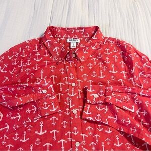 Old Navy Women’s Coral Red Anchor Print Cotton Button Down Shirt Sz L